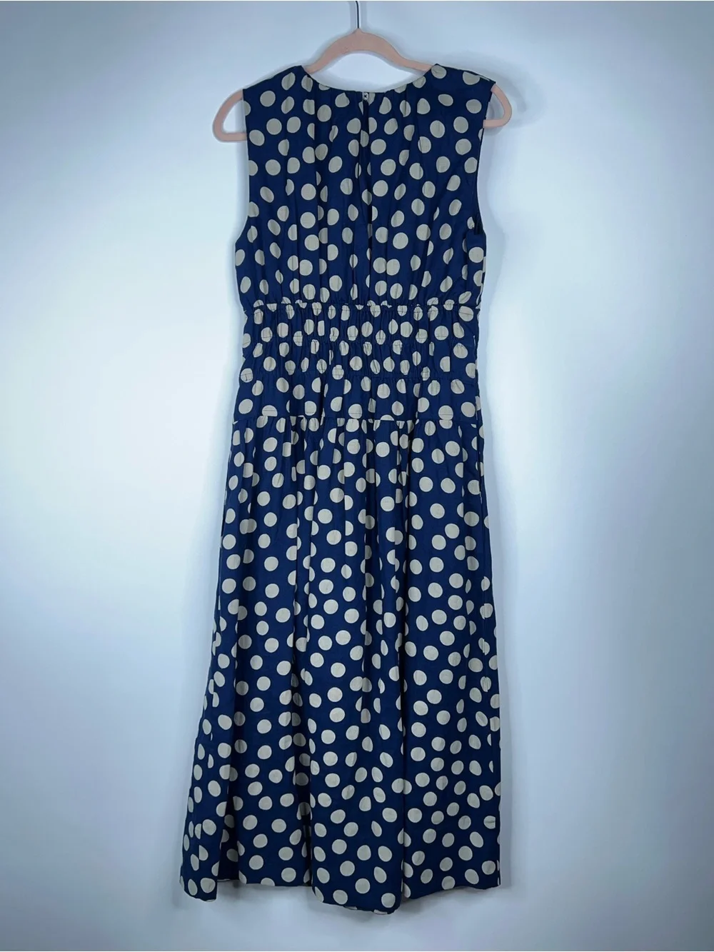 J Crew Navy Polka Dot Sleeveless Midi Dress Smocked Waist Linen New Size Small
